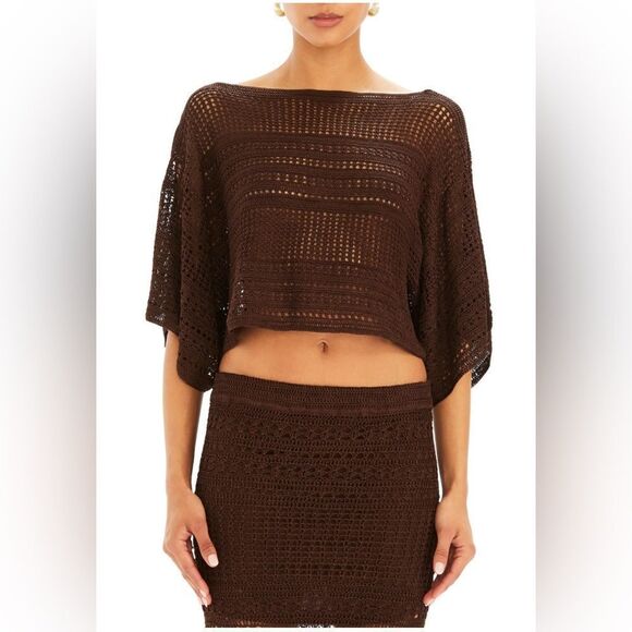 SER.O.YA. Tahiti crochet boatneck top in coconut brown S/M - Picture 1 of 8